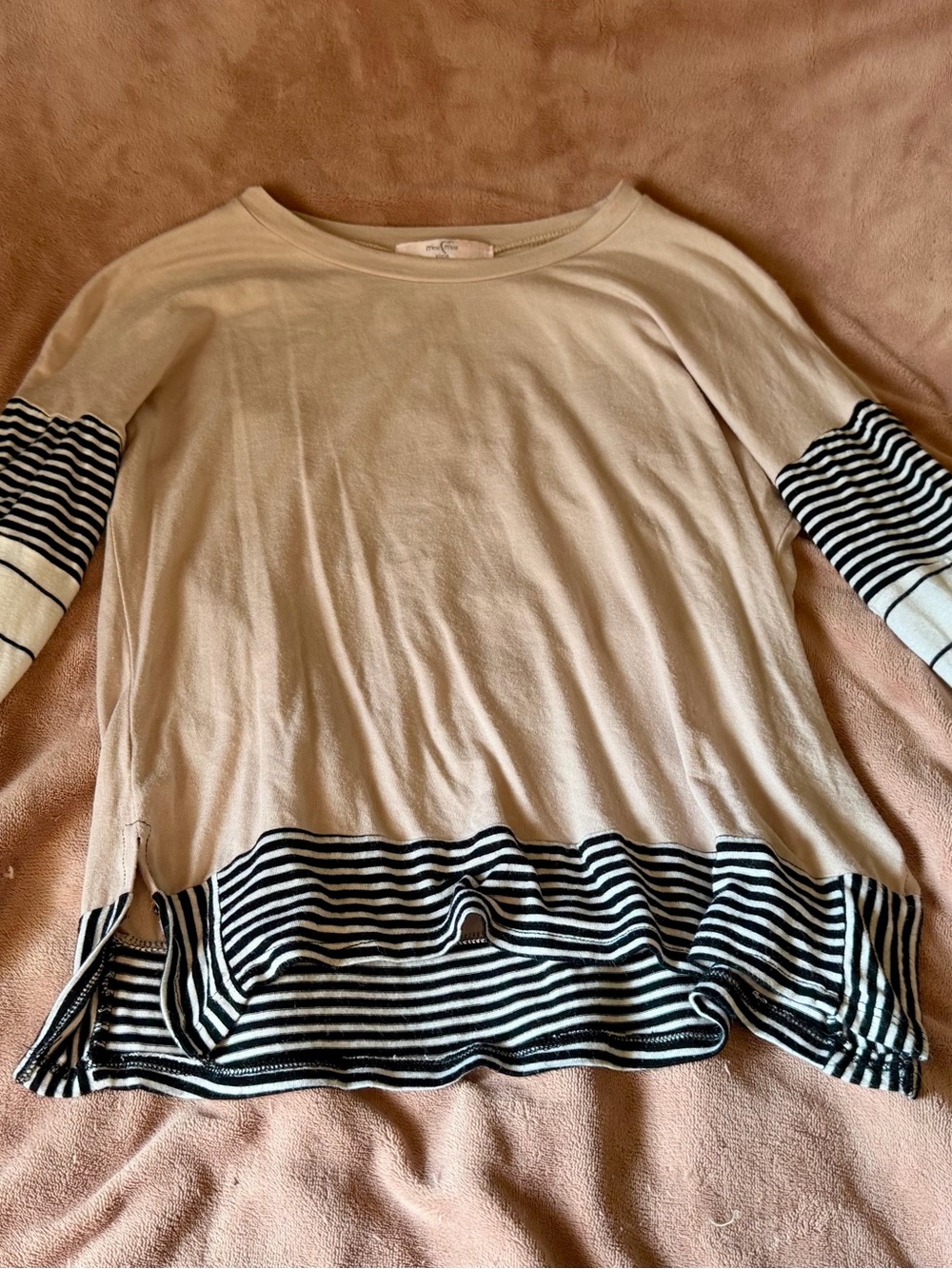 Maeve Cream Long-Sleeve Top with Black Stripe Accents